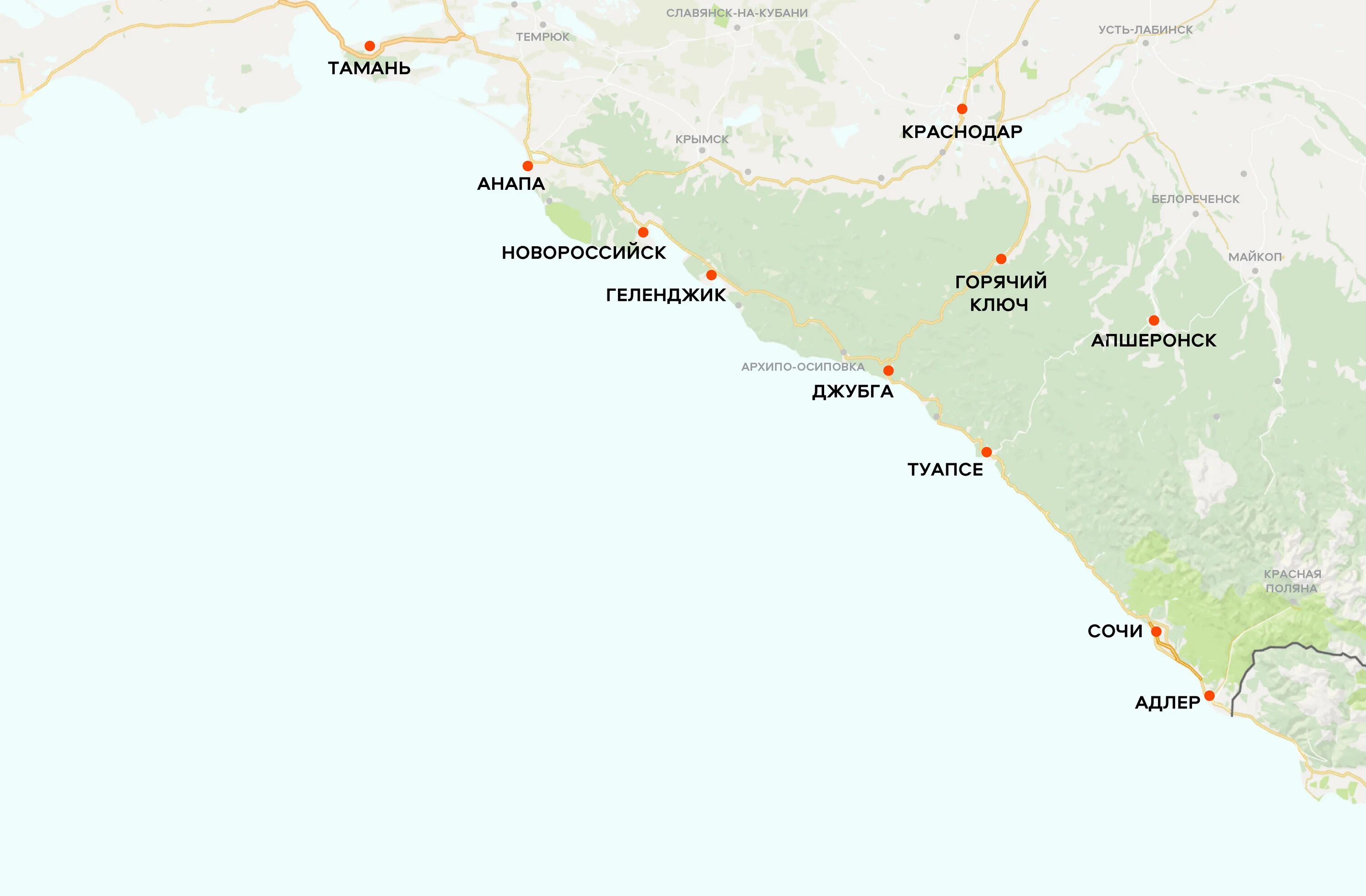 Анапа адлер расстояние на машине. Карта побережья от Джубги до Геленджика на машине. Карта Черноморского побережья Краснодарского края от Анапы до Туапсе.