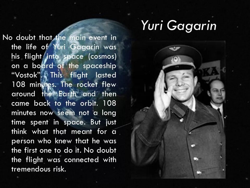 Информация о Юрии Гагарине на английском.