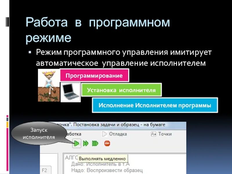 Программное управление исполнителем. Режим программного управления. программирование установка исполнение программы. режим работы исполнителя. режим работы программное управление.