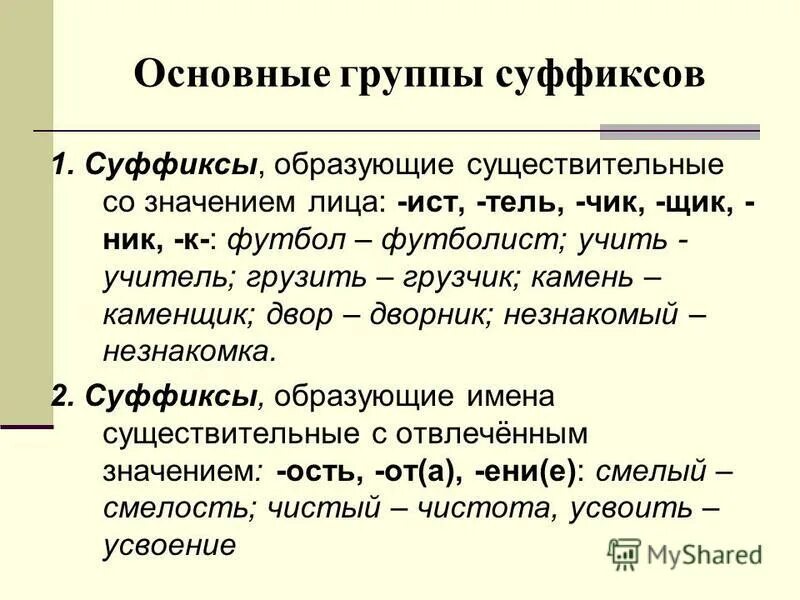 Суффикс б значение. Группы суффиксов. Группы суффиксов по значению. Образующие суффиксы. Значение суффиксов существительных.