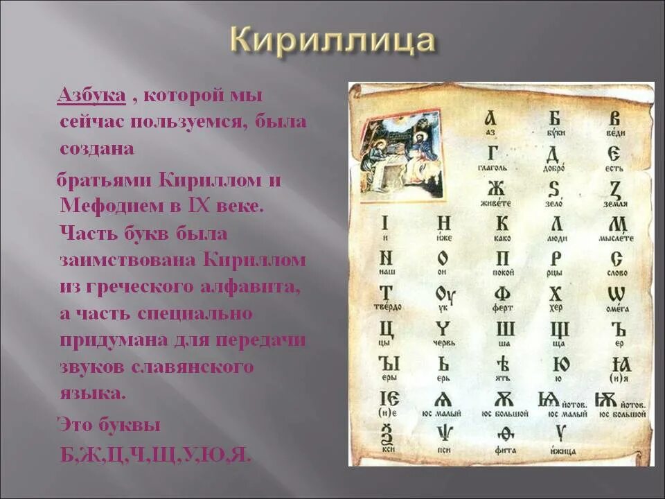 Как называются входящие буквы. Первый Славянский алфавит созданный Кириллом и Мефодием.