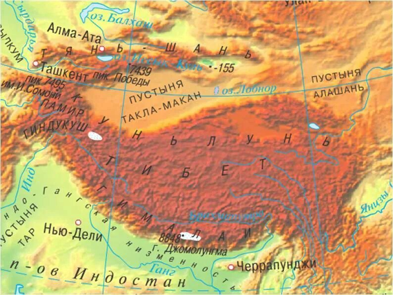 Горные территории евразии. Тибетское Нагорье и Гималаи на карте. Тянь-Шань горы на карте.
