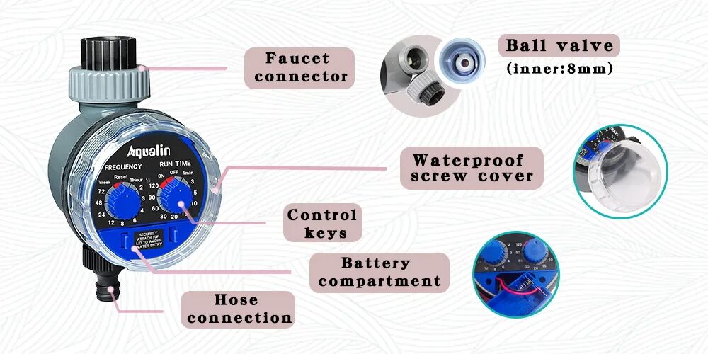 Шаровой таймер. Aqualin автоматический шаровой таймер. Автоматический электронный таймер подачи воды орошения сада. Аквалайн таймер для капельного полива. Кран таймер для капельного полива на батарейках.