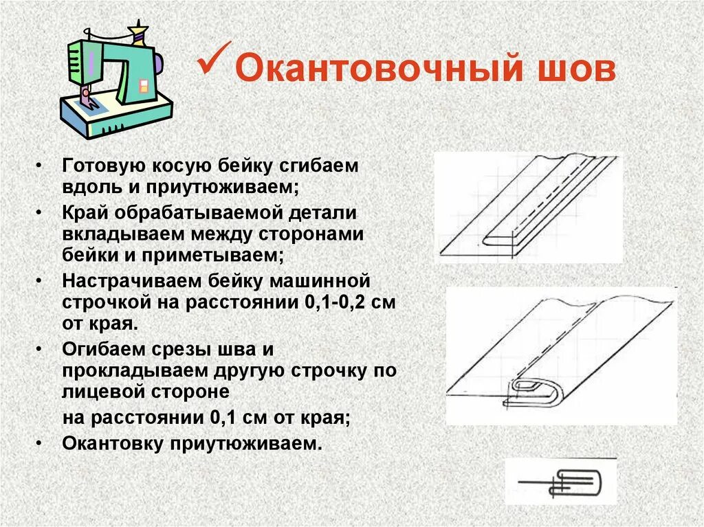 Обрабатываемый края шов. Нижний срез юбки окантовочный шов. Машинные швы окантовочный. Схема обработки краевых швов окантовочные швы. Обработка косой бейкой схема.