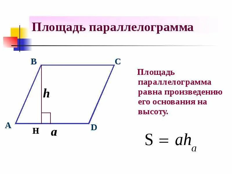 Формула нахождения высоты параллелограмма. Площадь параллелограмма формула 6 класс. Формула площади параллелограмма 8 класс. Формула площади параллелограмма с высотой.