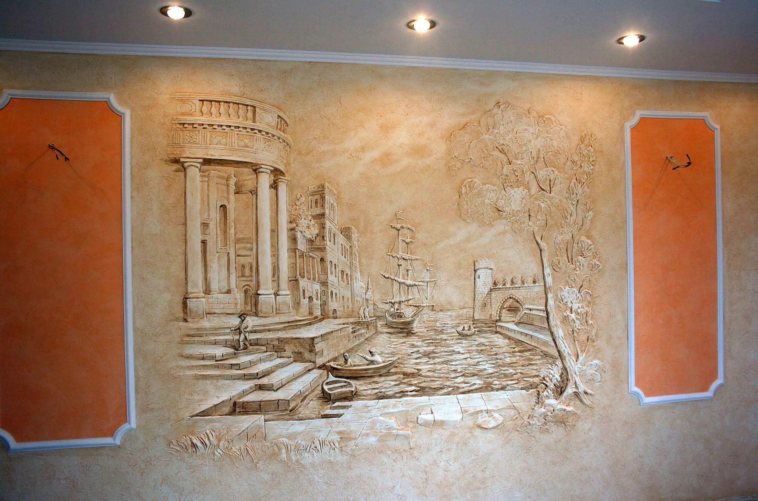 барельеф в интерьере. барельеф над кроватью. художественная штукатурка. розы на стене из декоративной штукатурки. декоративная лепнина на стены.