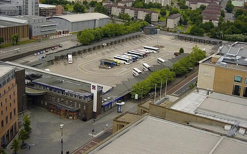 The bus station is in