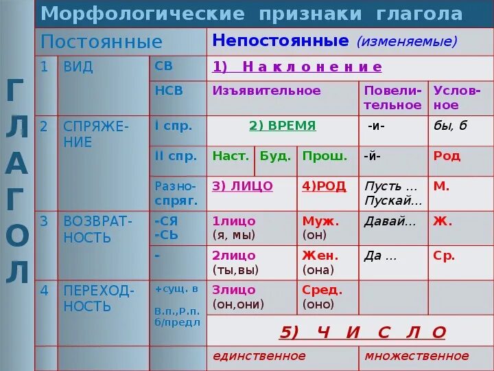 Морфологический разбор слова постоянные признаки глагола. Морфологические признаки глагола таблица. Постоянные признаки и непостоянные признаки глагола 5 класс. Морфологические признаки глагола. Постоянные морфологические признаки глагола.