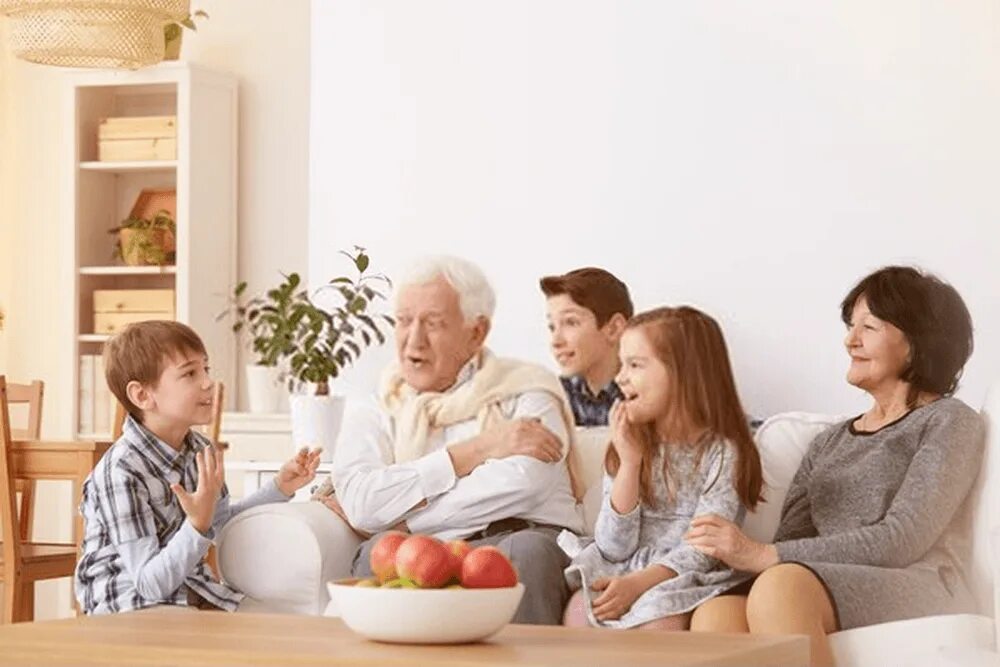 Grandpa is in the bedroom. Grandparents in the Living Room. Live with grandparents. Grandparents in the livingroom.