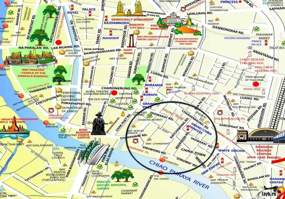 Чайна Таун в Бангкоке на карте. Китайский квартал Бангкок на карте. Туристическая карта Бангкока. Достопримечательности Бангкока на карте.