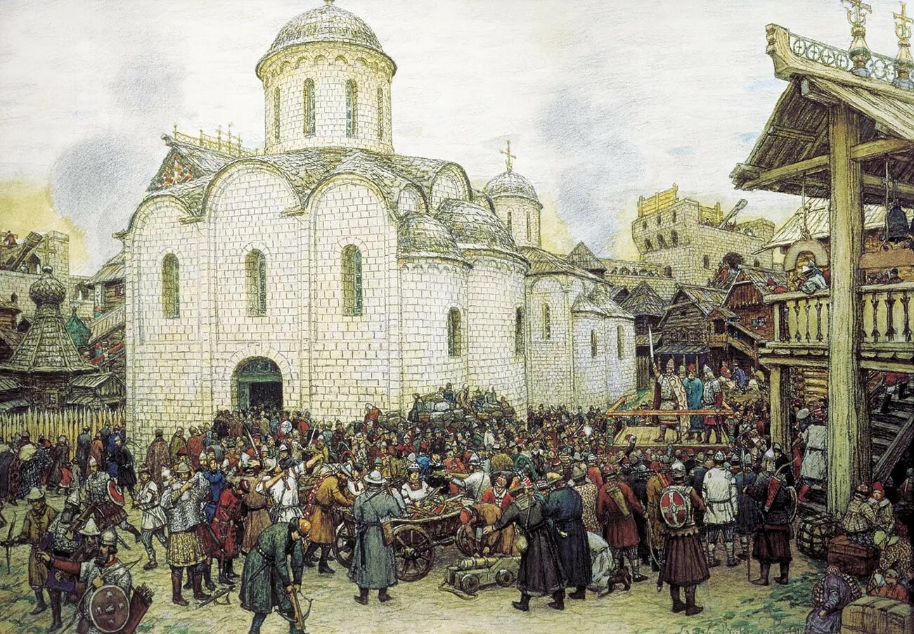 Какая была россия в 14 веке. Васнецов оборона Москвы от хана Тохтамыша. Васнецов оборона города от хана Тохтамыша 14 век.