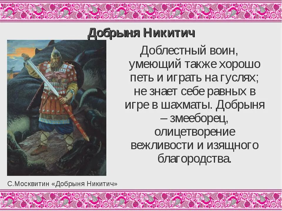 Эпос народов россии 5 класс однкнр. Рассказ о Никите добрыниче. Сообщение о Добрыне Никитиче.