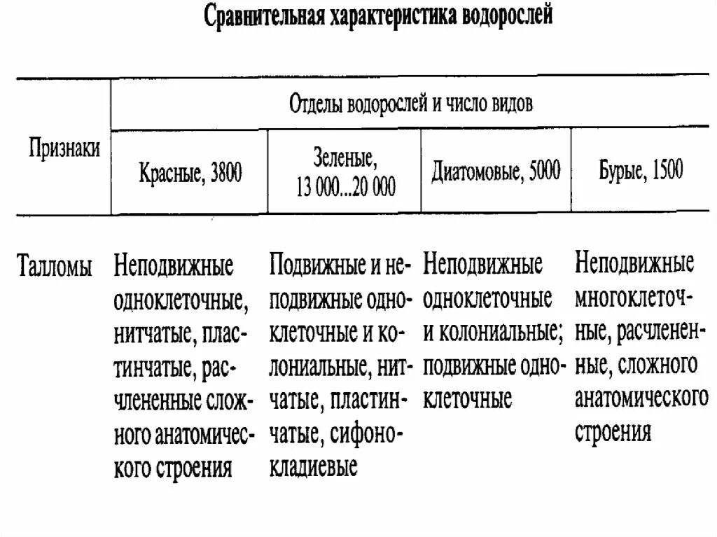 Характеристика классов водорослей