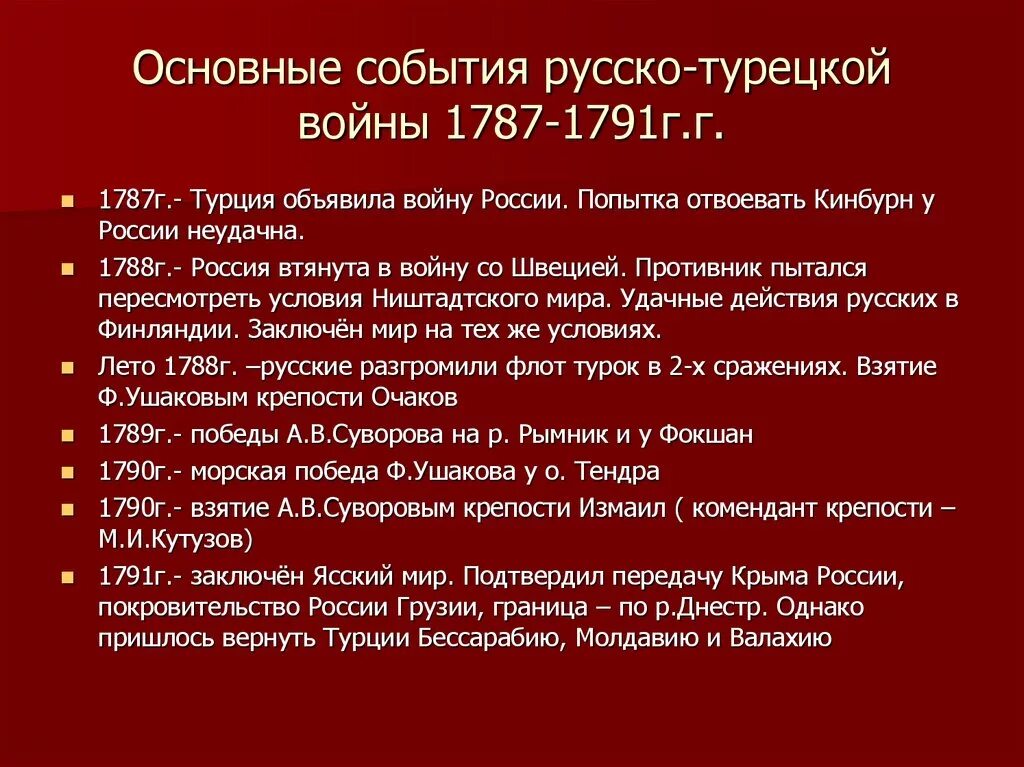 Основные даты русско турецкой войны 1787-1791. Дата результат русско турецкой войны
