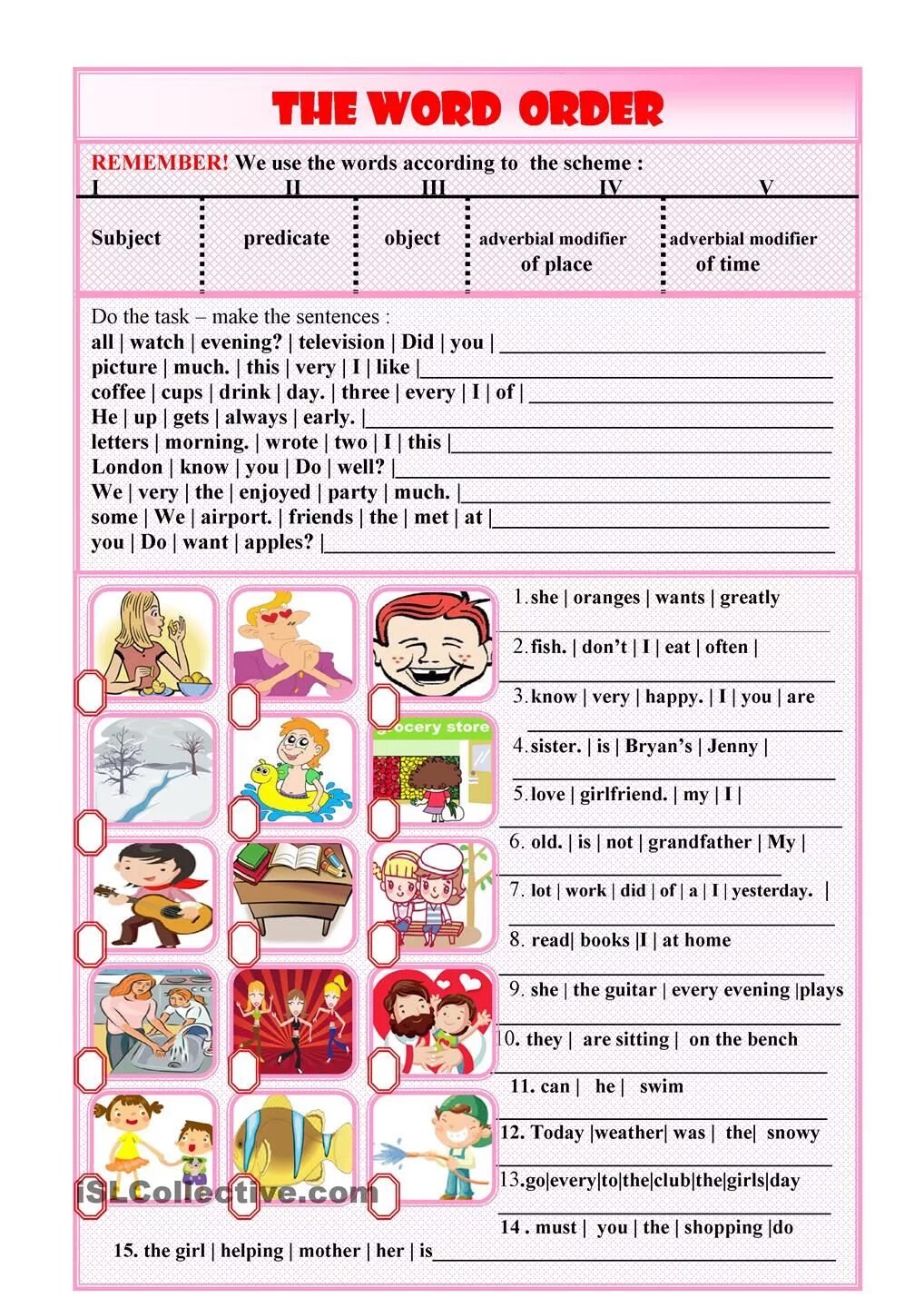 Would like to make order. Word order Worksheets. Упражнения Word order. Word order in English Worksheets. Упражнения present simple Word order.