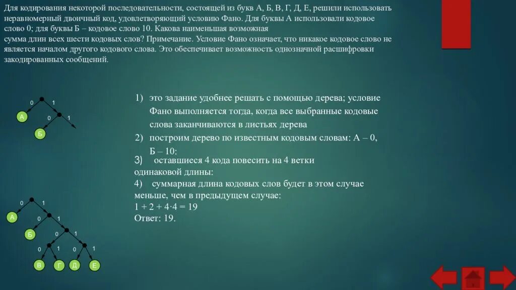 Минимальная сумма длин кодовых слов. Для кодирования некоторой последовательности состоящей. Для кодирования некоторой последовательности состоящей из букв. Условие ФАНО ЕГЭ Информатика. Задачи на условие ФАНО.