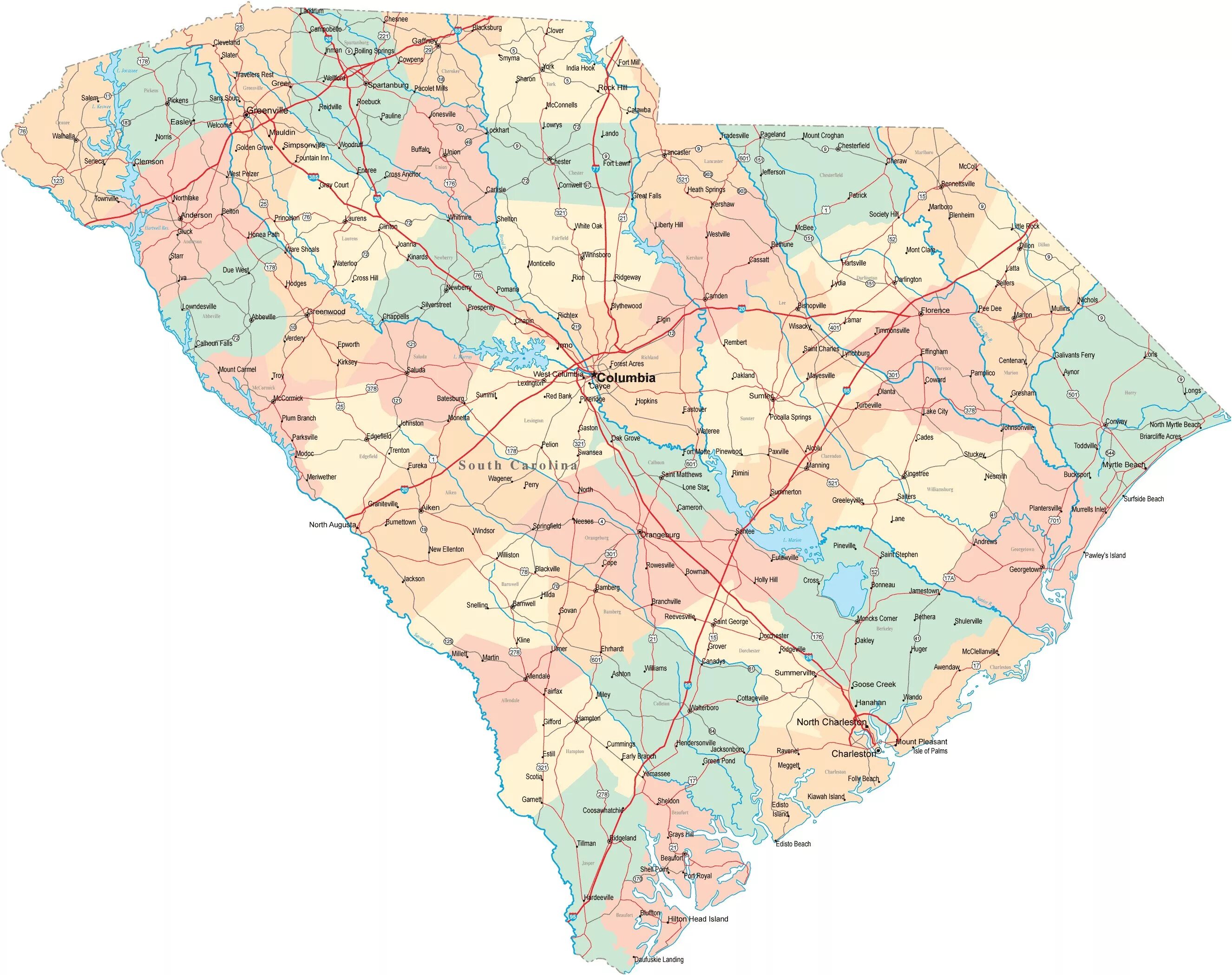 Карта подробная Южной Каролины. Карта Южной Каролины США С городами.