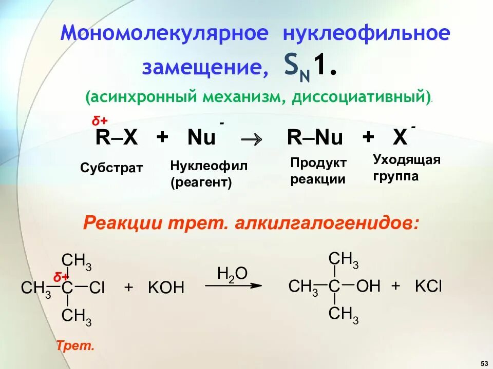 Нуклеофильное замещение гидроксильной группы. Бимолекулярный механизм нуклеофильного замещения галогеналканов. 3. Механизм реакций нуклеофильного замещения.. Мономолекулярное нуклеофильное замещение sn1 механизм.