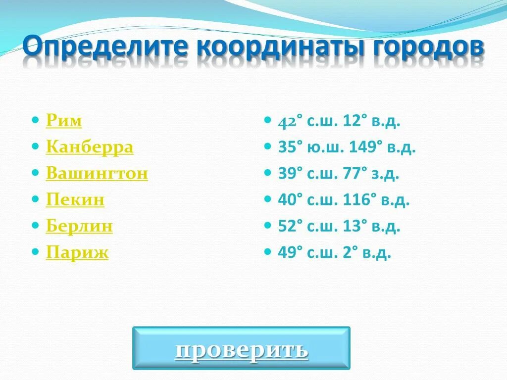 Определите географические координаты сантьяго. Координаты городов. Определить координаты городов. Географические координаты. Широта и долгота городов.