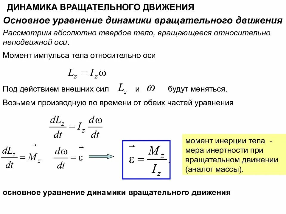 Инерции на угловое ускорение. Формулы динамики вращения. Формула момента импульса во вращательной. Основное уравнение основное уравнение вращательного движения. Динамика вращательного движения момент инерции.