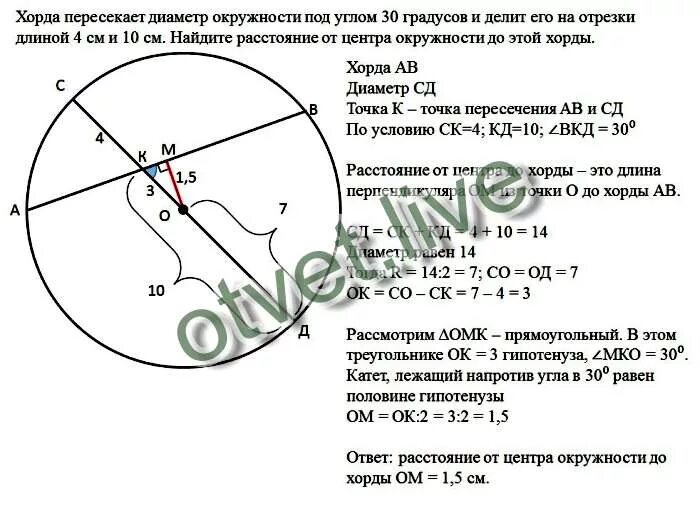 В окружности перпендикулярно диаметру проведена хорда. Радиус 8 угол 30 градусов. Хорда пересекает диаметр. Диаметр окружности пересекает хорду. Хорда пересекает диамет.