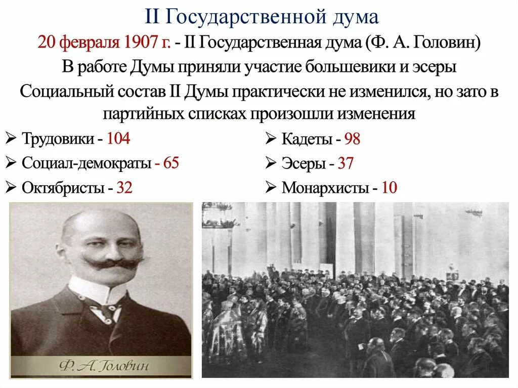 Партии в первой госдуме. Председатель второй государственной Думы 1906. Партийный состав 2 государственной Думы 1907. II государственная Дума (февраль — июнь 1907 г,).. Состав партии 2 гос Думы 1907.