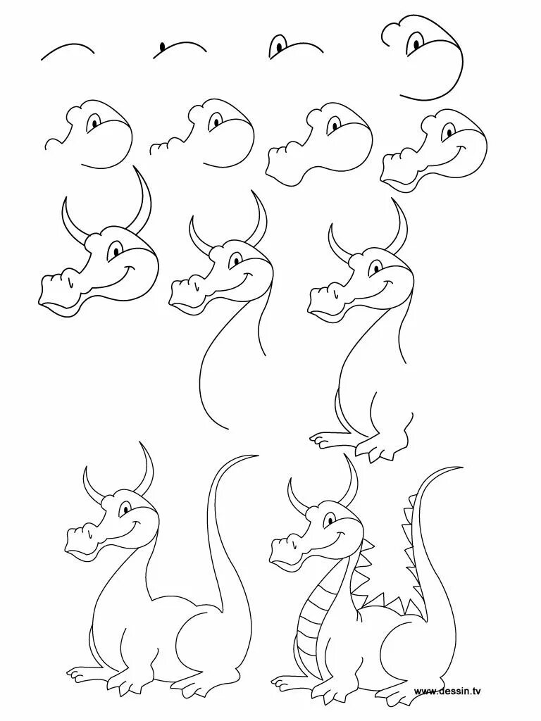 Легкий дракон поэтапно. Дракон для рисования для детей. Пошаговое рисование дракона. Дракон детский рисунок легкий. Рисунок дракона для срисовки детям.