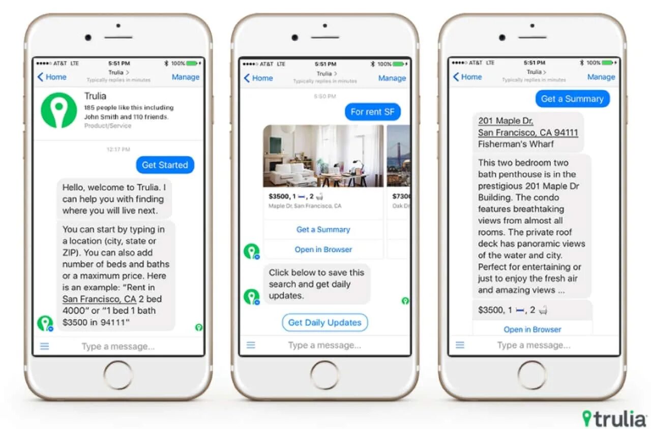 Chat bot example. Messenger chatbot. Trulia Rentals. Chatbot real Estate. Type your message