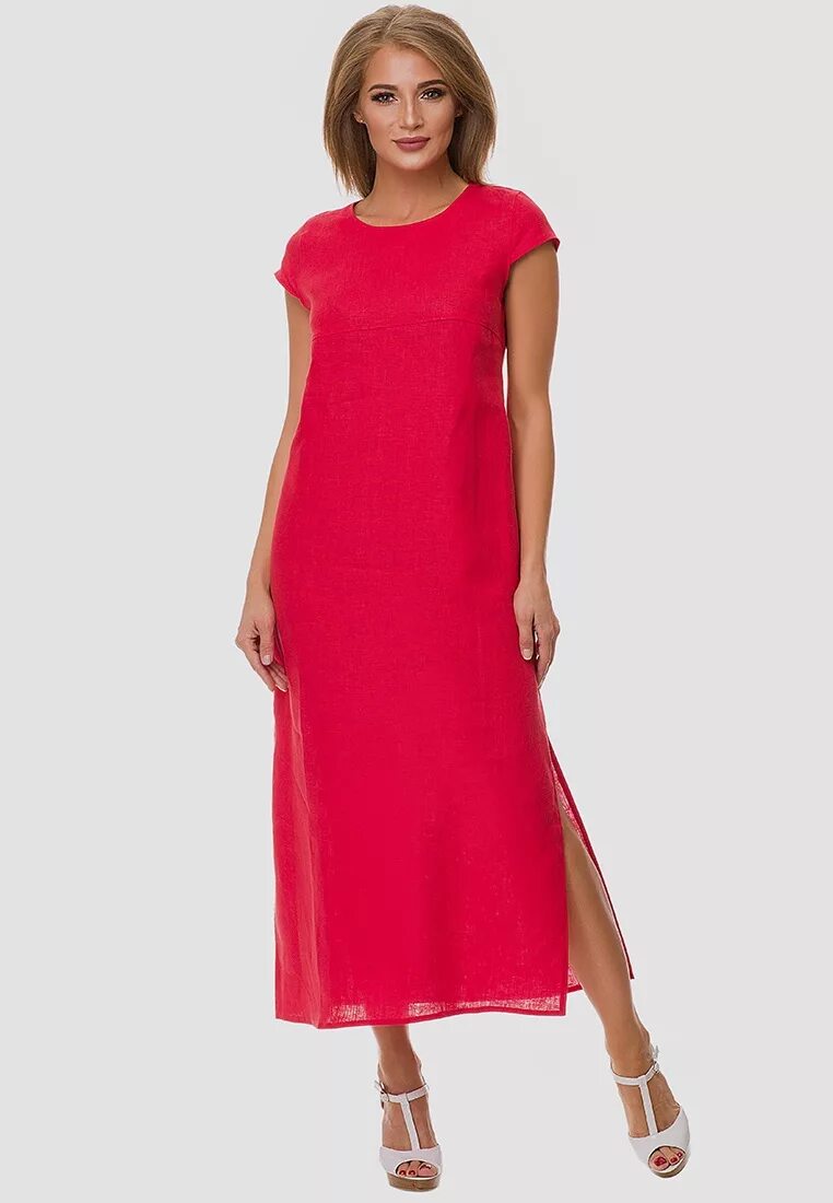 Платье Габриэла лен 5169-18. Красное льняное платье. Красное летнее платье. Платье лен длинное.