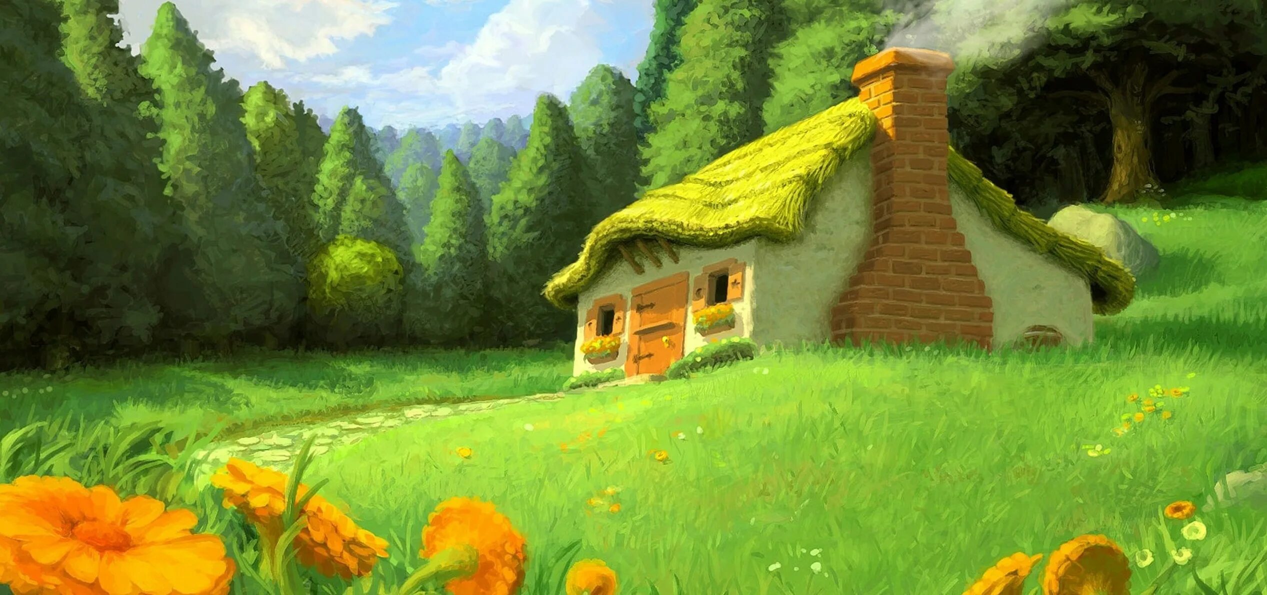 Домик на полянке. Сказочный домик. сказочная природа. сказочная поляна. пейзажи из мультфильмов.