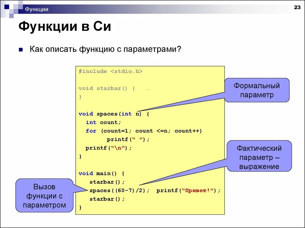 Функция в классе c. Язык си функции примеры. Функции в си примеры. Параметры подпрограмм в си. Функции в языке си.