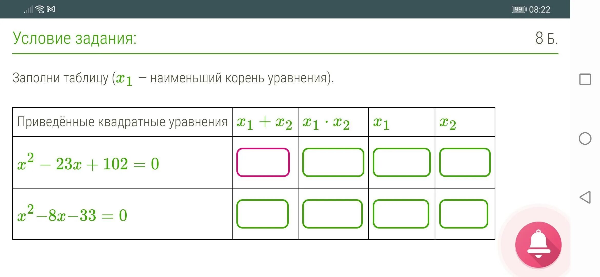 Заполните таблицу x 1 2 x2 1. Заполни таблицу. наименьший корень уравнения. заполни таблицу x. заполни таблицу приведенный квадратные уравнения.