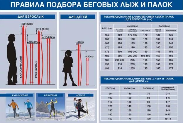 Лыжи на рост 140 таблица размеров Как подобрать палки для конькового хода
