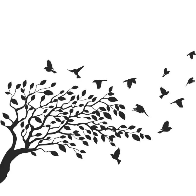 Дерево с улетающими птицами. Силуэт птицы. Силуэт дерева с птицами. Силуэт дерева с листьями. Наклейки птицы силуэты.