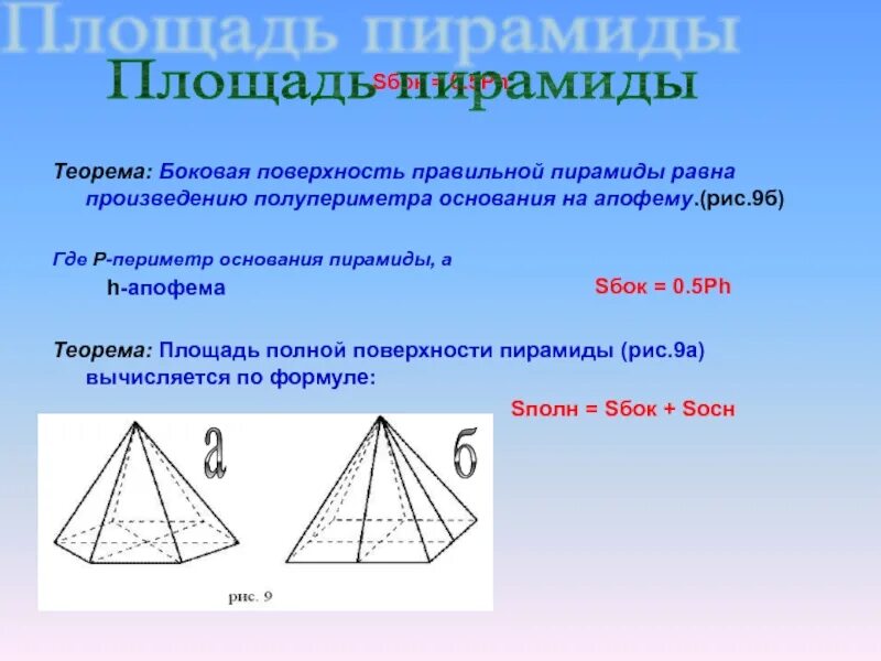 Формула боковой поверхности правильной треугольной пирамиды. Периметр правильной пирамиды. Площадь поверхности пирамиды пирамида 10 класс. Формула периметра поверхности пирамиды. Как найти периметр основания пирамиды.