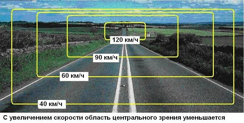 Наращивание скорости. Поле зрения водителя. Поле зрения водителя с увеличением скорости. Углы зрения водителя. Скорость зрения человека.