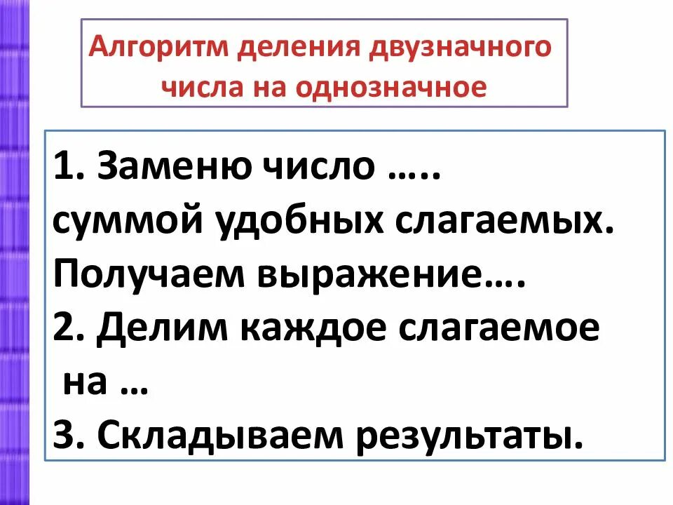 Алгоритм деления двузначного числа на однозначное. Алгоритм деления двузначного числа на двузначное 3 класс. Алгаритм деления двухчначного числа на одночначное. Алгоритм деления на двузначное число 3 класс.