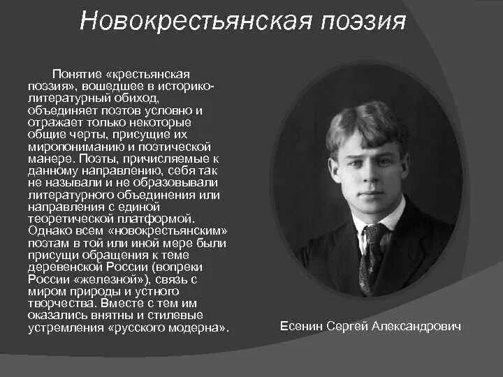 Термин в поэзии. Новокрестьянская поэзия серебряного века. Новокрестьянская поэзия представители в литературе. Крестьянская поэзия 20 века Есенин. Новокрестьянская поэзия в литературе Есенина.