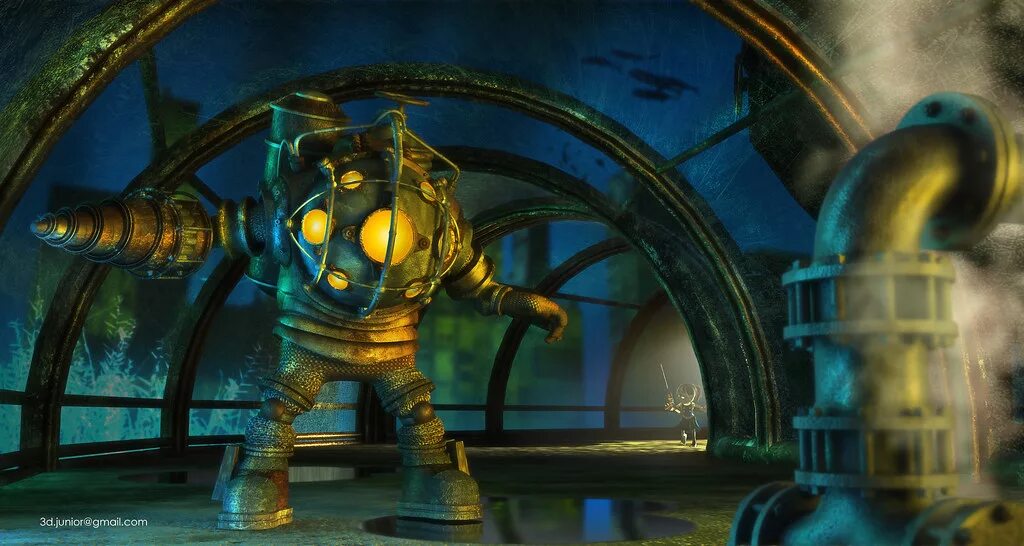 Bioshock daddy. Bioshock big Daddy. Большой папочка биошок 3d. Bioshock большой папочка без шлема.