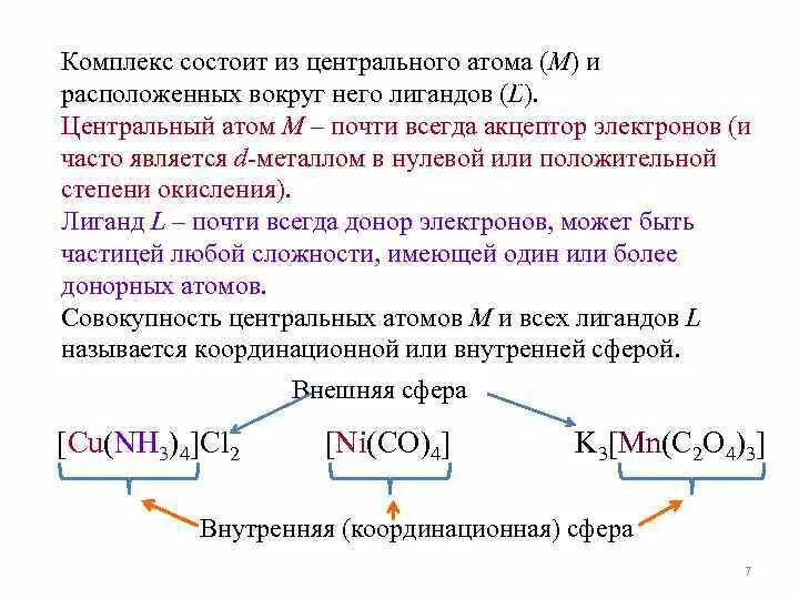 Заряд комплексных соединений. Замещение лигандов в комплексных соединениях. Центральный атом в комплексном соединении. Внутренняя и внешняя сфера комплексного соединения. Координационного числа центрального атома комплексных соединений.