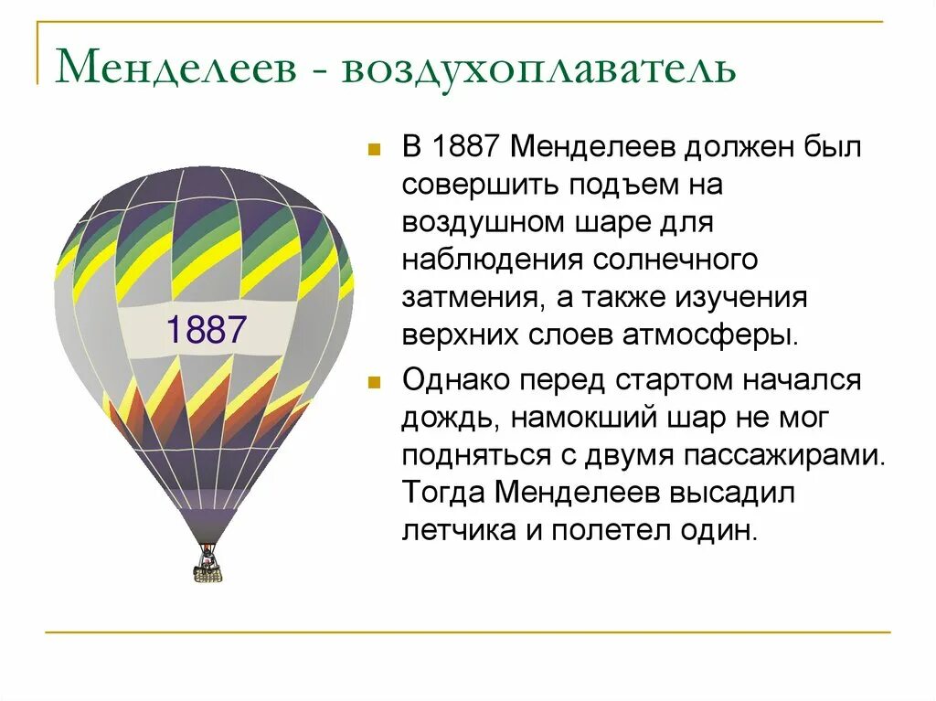 Полет Менделеева на воздушном шаре 1887. Стратостат Менделеева. Вклад Менделеева в воздухоплавание.