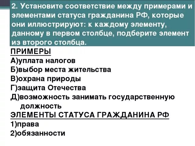 Установите соответствие между примерами и элементами статуса. Примеры элементы статуса гражданина РФ. Элемент статуса гражданина примеры. Элементы статуса пример.