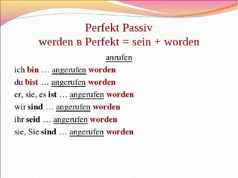 Aktiv немецкий. Das perfekt passiv в немецком языке. Passiv perfekt в немецком. Das werden перевод. спряжение глагола werden в настоящем времени.