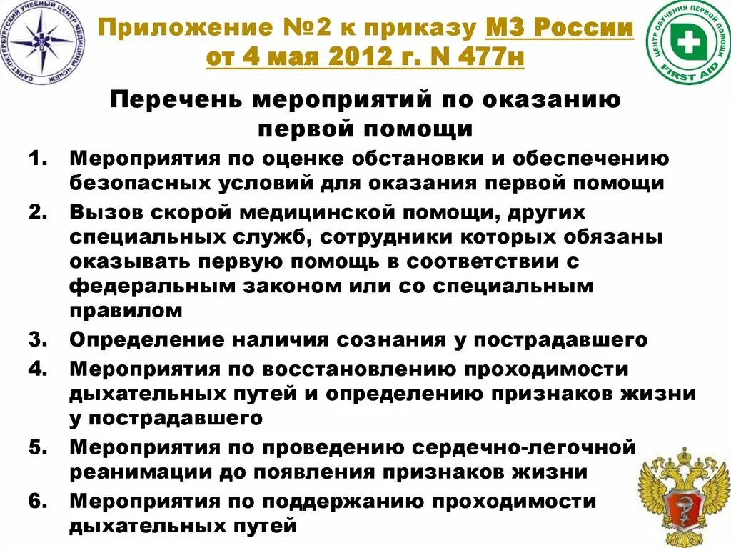 Рф 477н от 04.05 2012. Перечень мероприятий первой помощи. Мероприятия по оказанию первой помощи. Перечень мероприятий 1 помощи. Список мероприятий первой помощи.