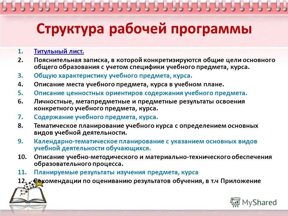 Характеристика основных разделов программы воспитания. Структура рабочей программы. Пояснительная записка к рабочей программе. Приложение к пояснительной записке. Структура рабочей программы по предмету.