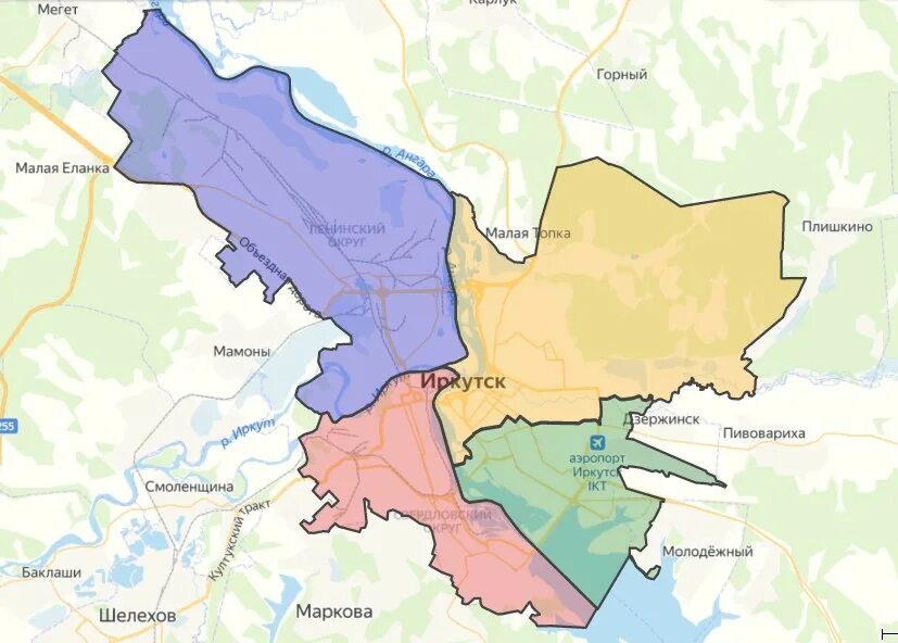 Округа Иркутска на карте города. Районы Иркутска на карте. Карта округов Иркутска. Границы районов Иркутска.