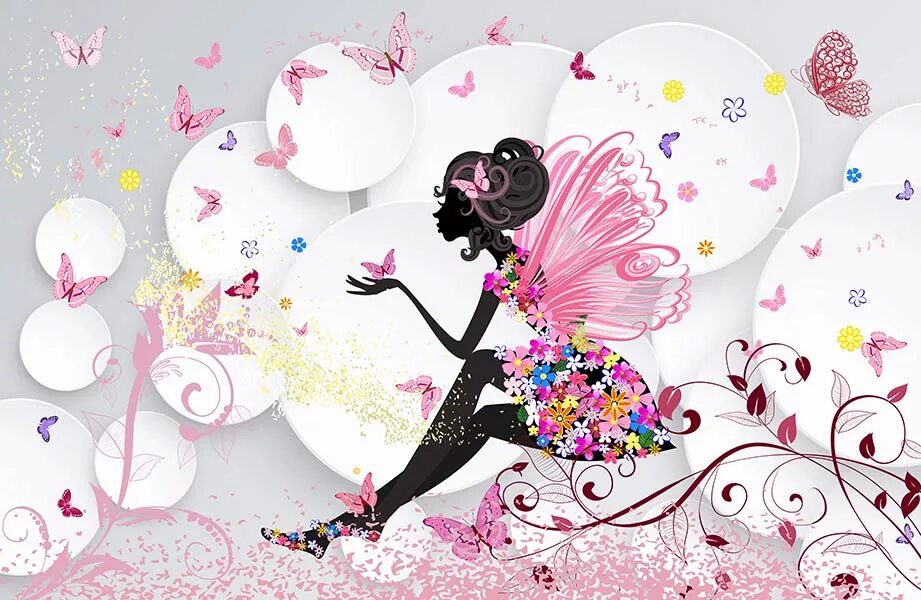 Постеры для девочек. Силуэт девушки из цветов и бабочек. Фотообои Фея. Постер для подростка девочки. Фотообои для девочек.