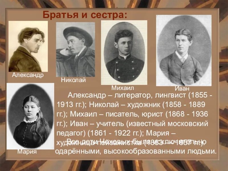 Братья и сестра Чехова Антона Павловича. Семья а п Чехова. Чехов биография братья и сестры. Сестра а п чехова