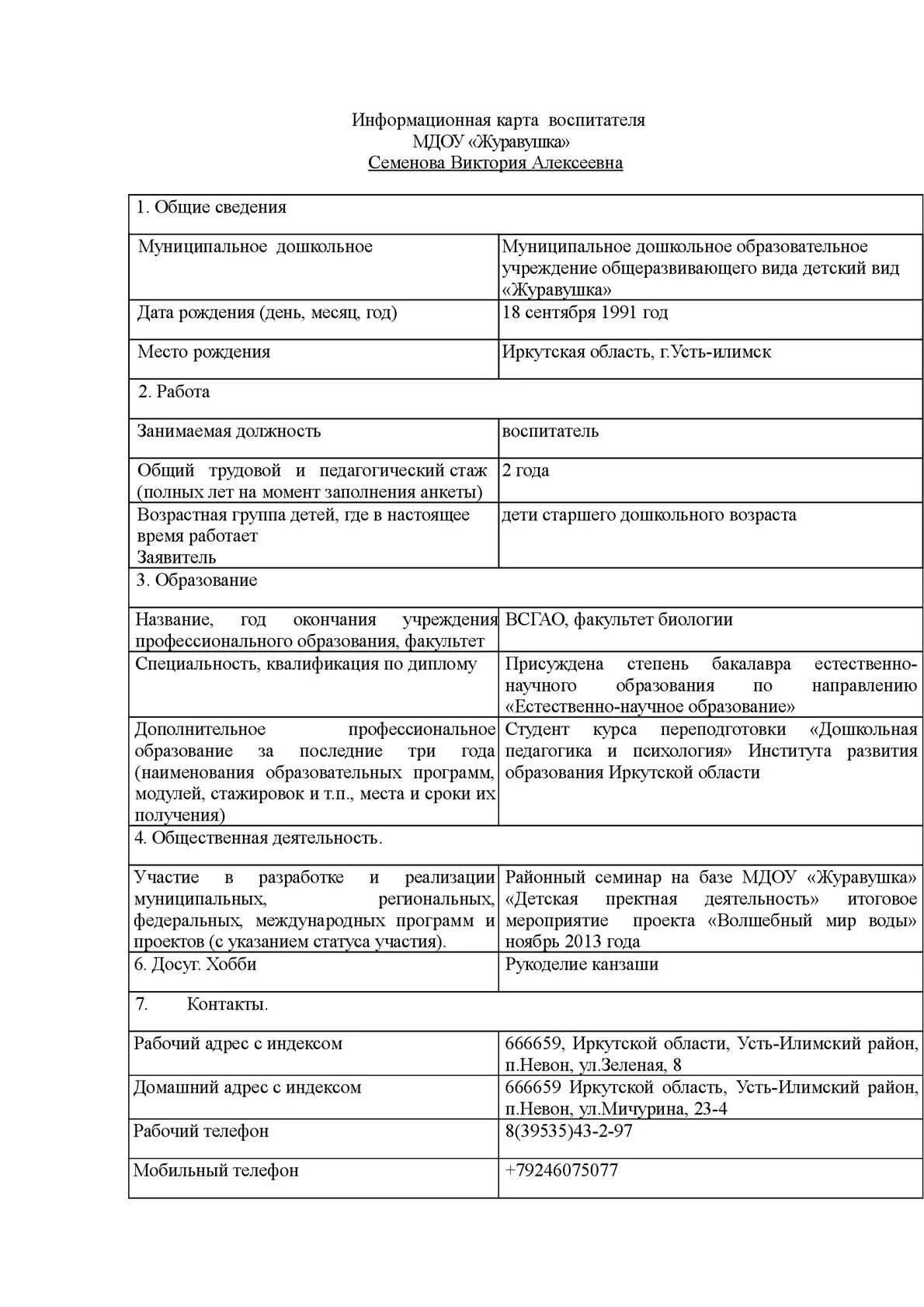 Образец информационной карты