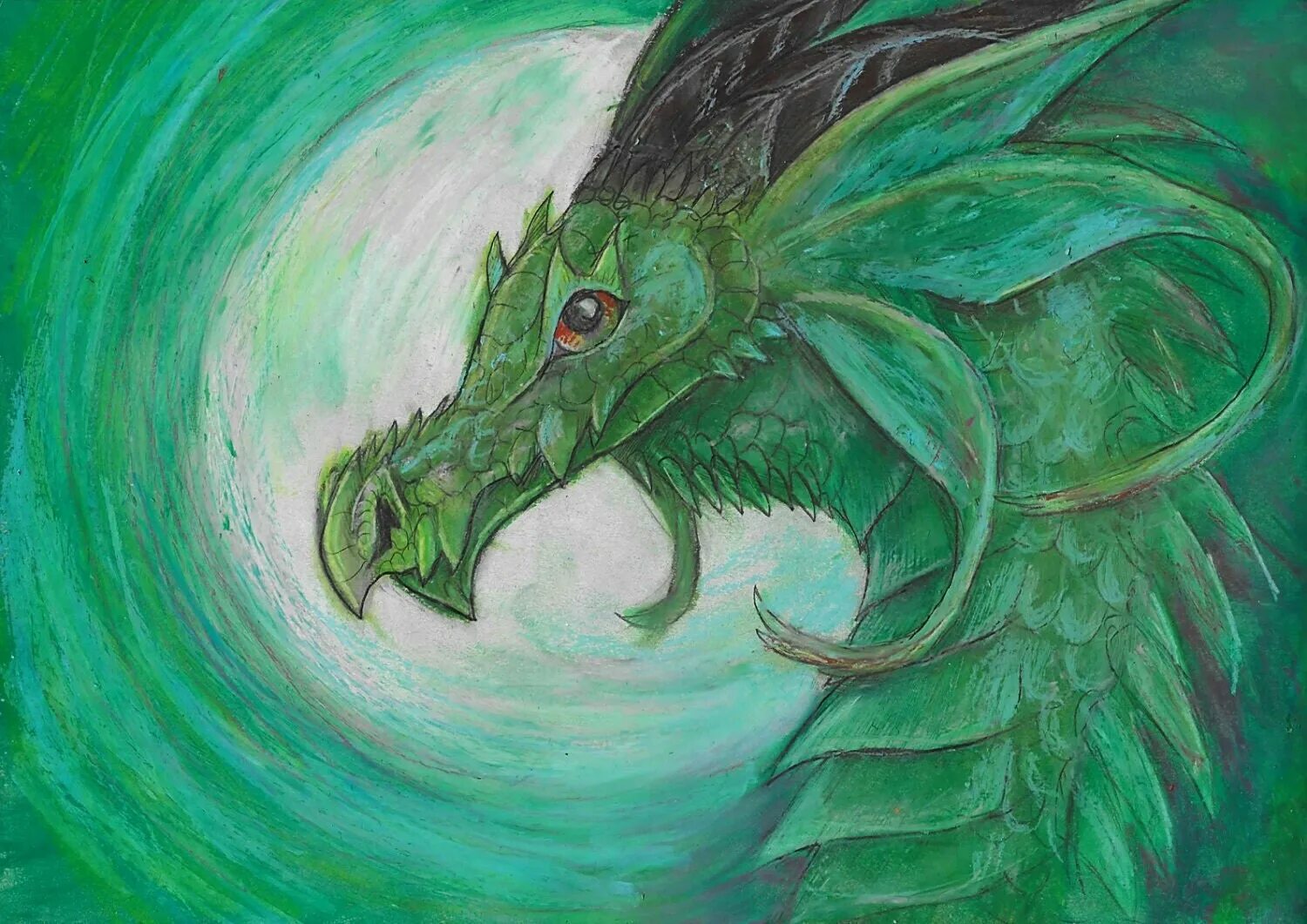 Рисунок зеленого деревянного дракона. Дракон пастелью. Дракон масляной пастелью. Глаз дракона. Дракон в пастельных тонах.